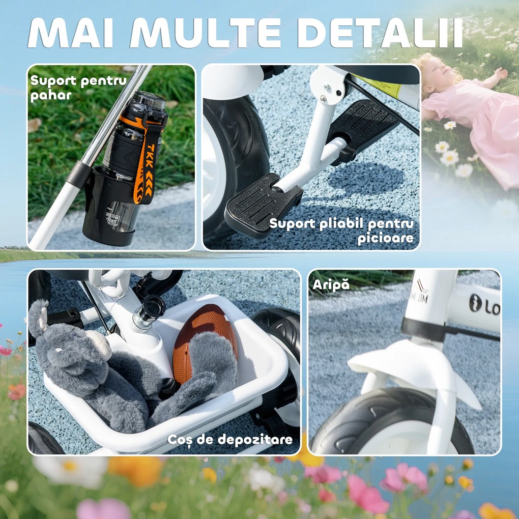 HOMCOM Triciclu pentru Copii cu Mâner de Împingere, Acoperiș Parasolar, Bară de Siguranță și Coș, 105x47x98 cm, Alb | Aosom Romania