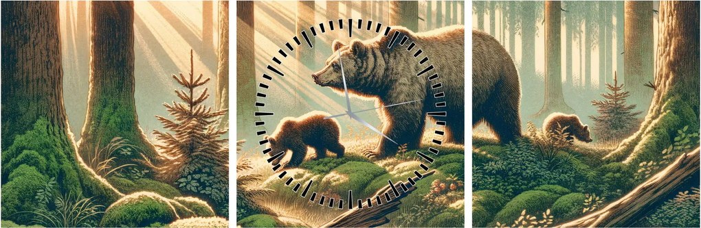 Tablou - Urși în pădure (cu ceas) (90x30 cm)