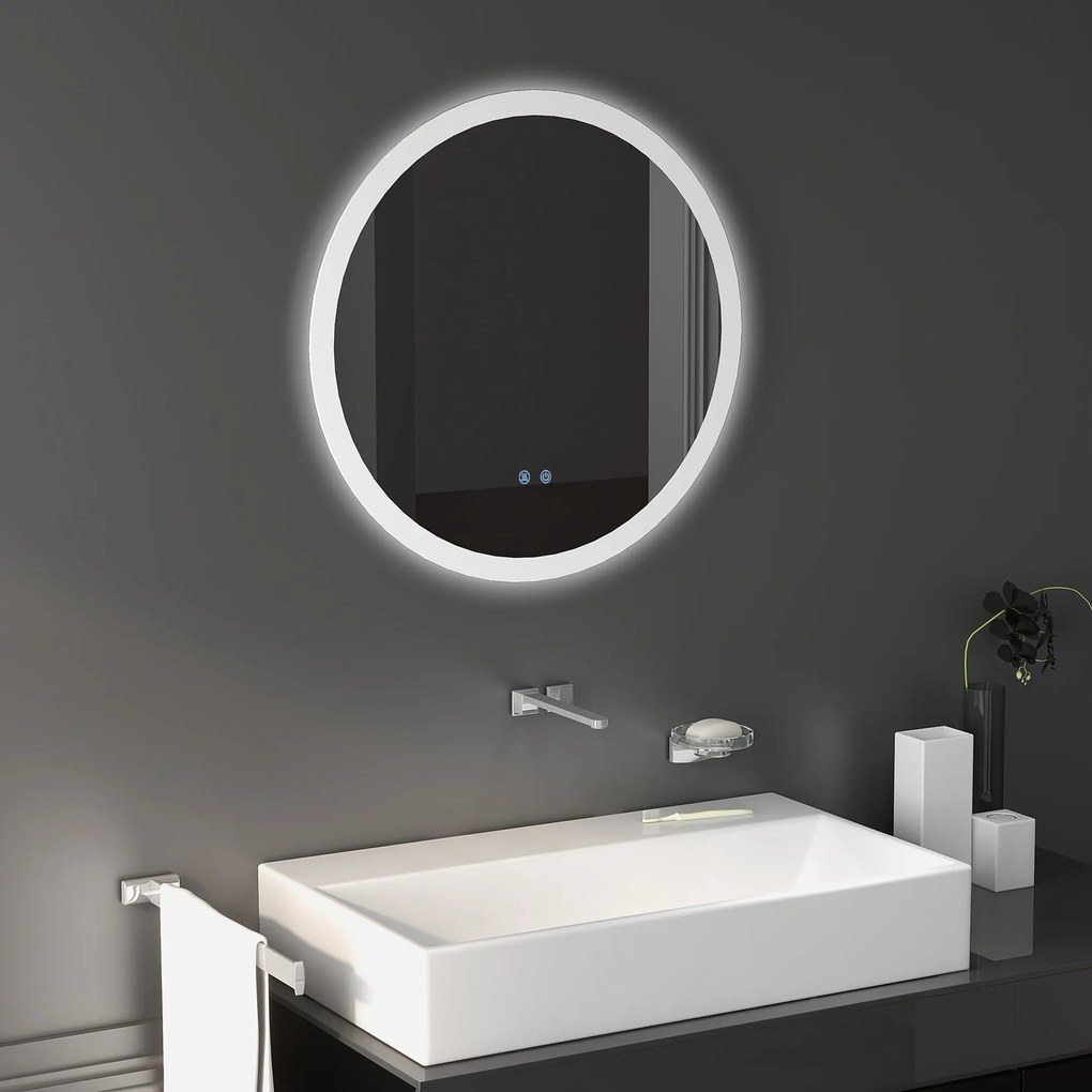 kleankin Oglindă de Baie cu Lumină LED Reglabilă, Întrerupător Tactil, și Funcție de Memorie, Ø60x3 cm, Transparent | Aosom Romania