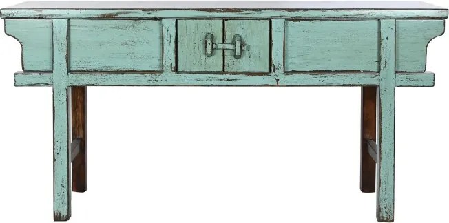 Consolă hol vintage din lemn de ulm, turcoaz, cu 2 sertare, 2 uși și zăvor din lemn, 88 x 170 x 49 cm, „Azure”