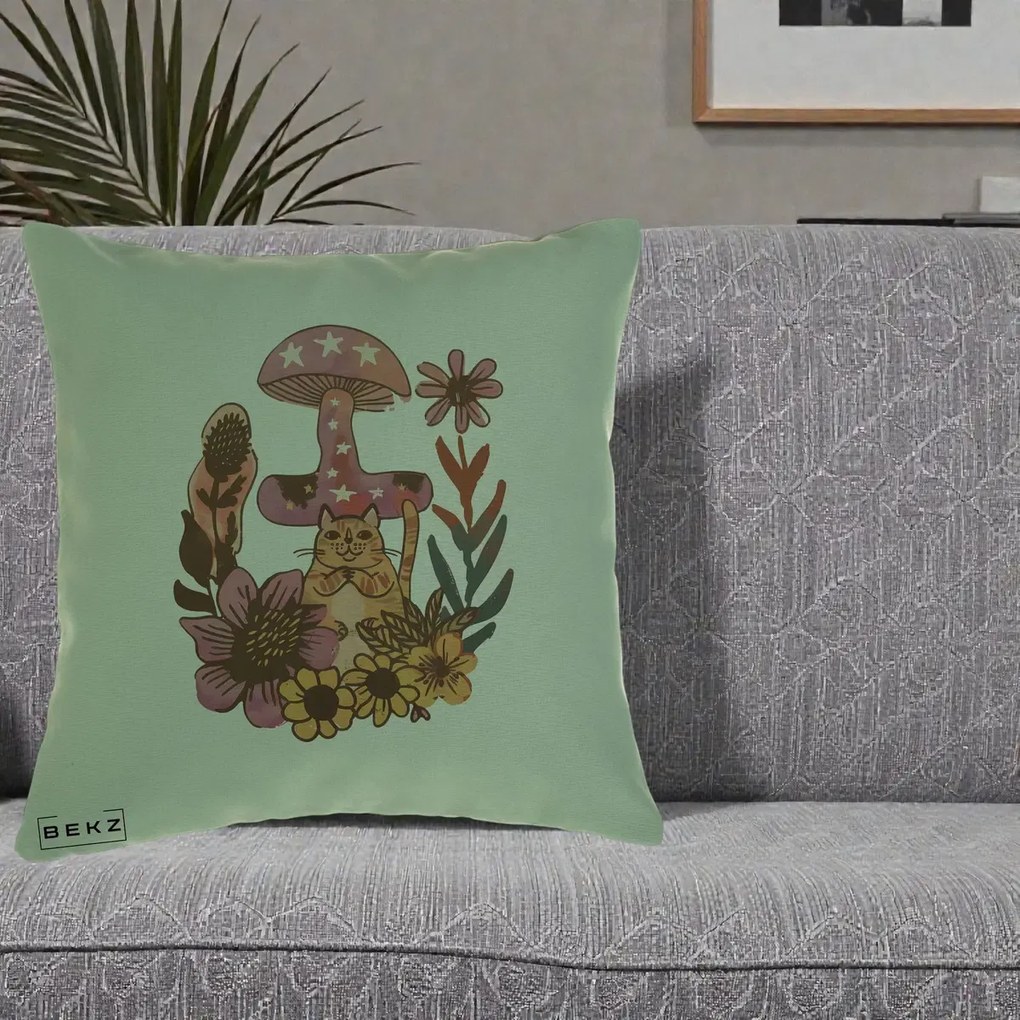 Perna Decorativa Ciuperca Pisica Boho, 40x40 cm, Verde, Husa Detasabila, Perna Inclusa, BEKZ®
