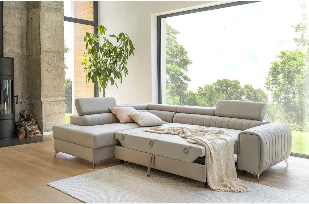 Colțar gri extensibil/cu spațiu de depozitare cu tapițerie din catifea (cu colț pe partea stângă/în formă de ”L”) Laurence – ELTAP