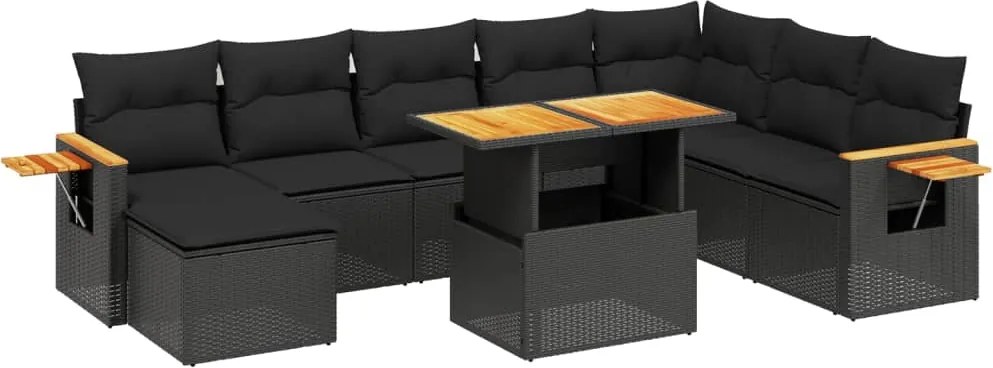 vidaXL Set mobilier de grădină cu perne, 9 piese, negru, poliratan