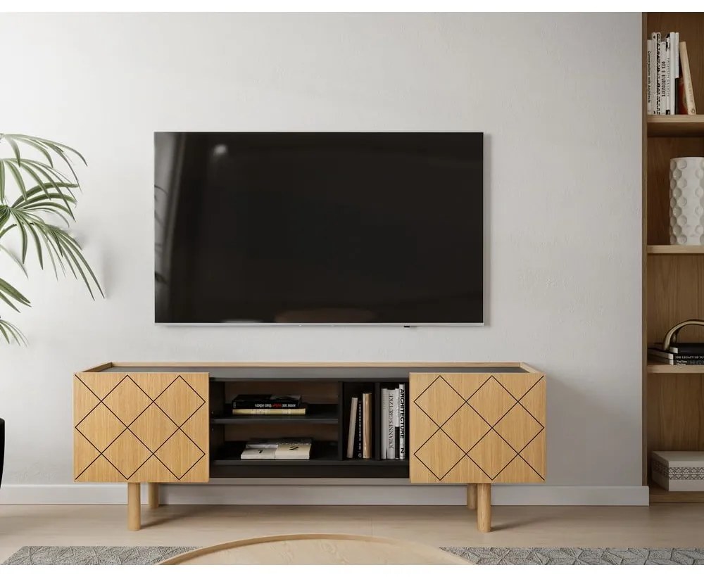 Masă TV neagră/în culoare naturală cu aspect de lemn de stejar 175x60 cm Porto – Woodman