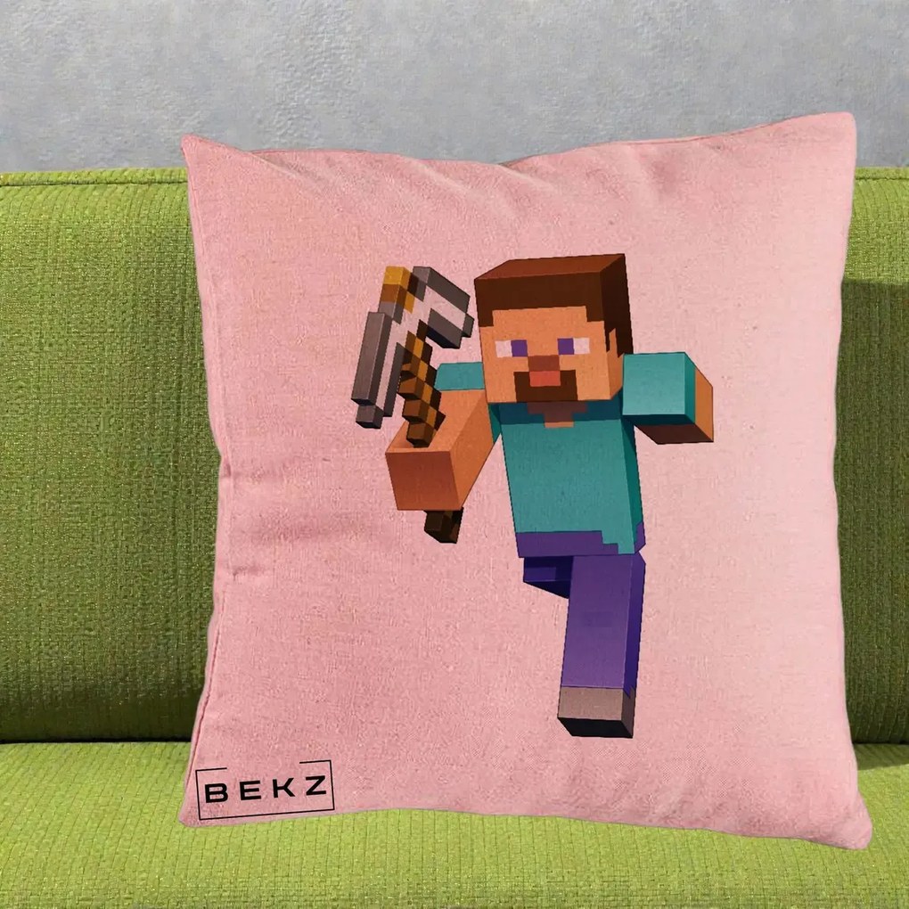 Perna Personalizata Minecraft Steve, 40x40 cm, Roz, Husa Detasabila, Perna Inclusa, BEKZ®