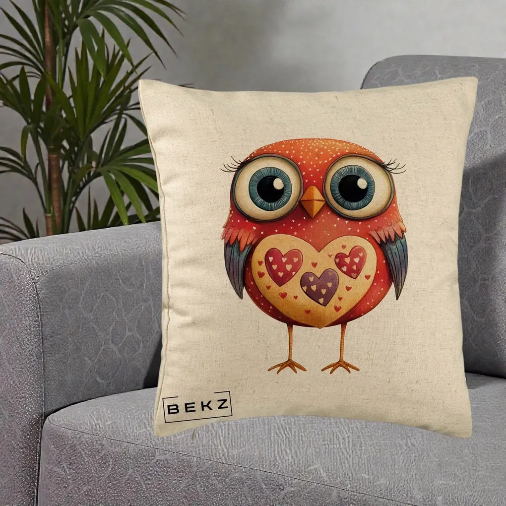 Perna Decorativa Bufnita Rosie cu Inimi Aurii, 40x40 cm, Bej, Husa Detasabila, Perna Inclusa, BEKZ®