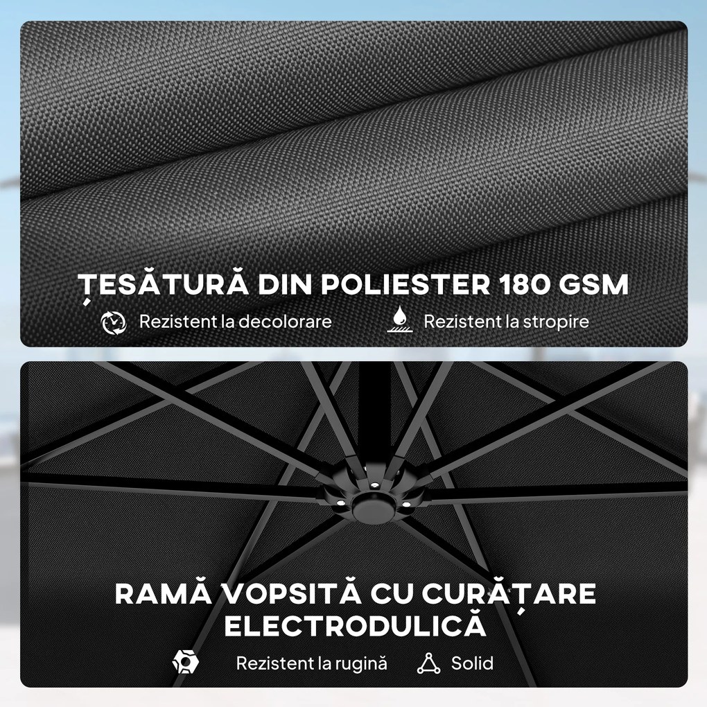 Outsunny Umbrelă de Grădină Suspendată 3 m cu Husă, Umbrelă Rotundă Inclinabilă cu Rotație 360°, Manivelă, Banana, Negru | Aosom Romania