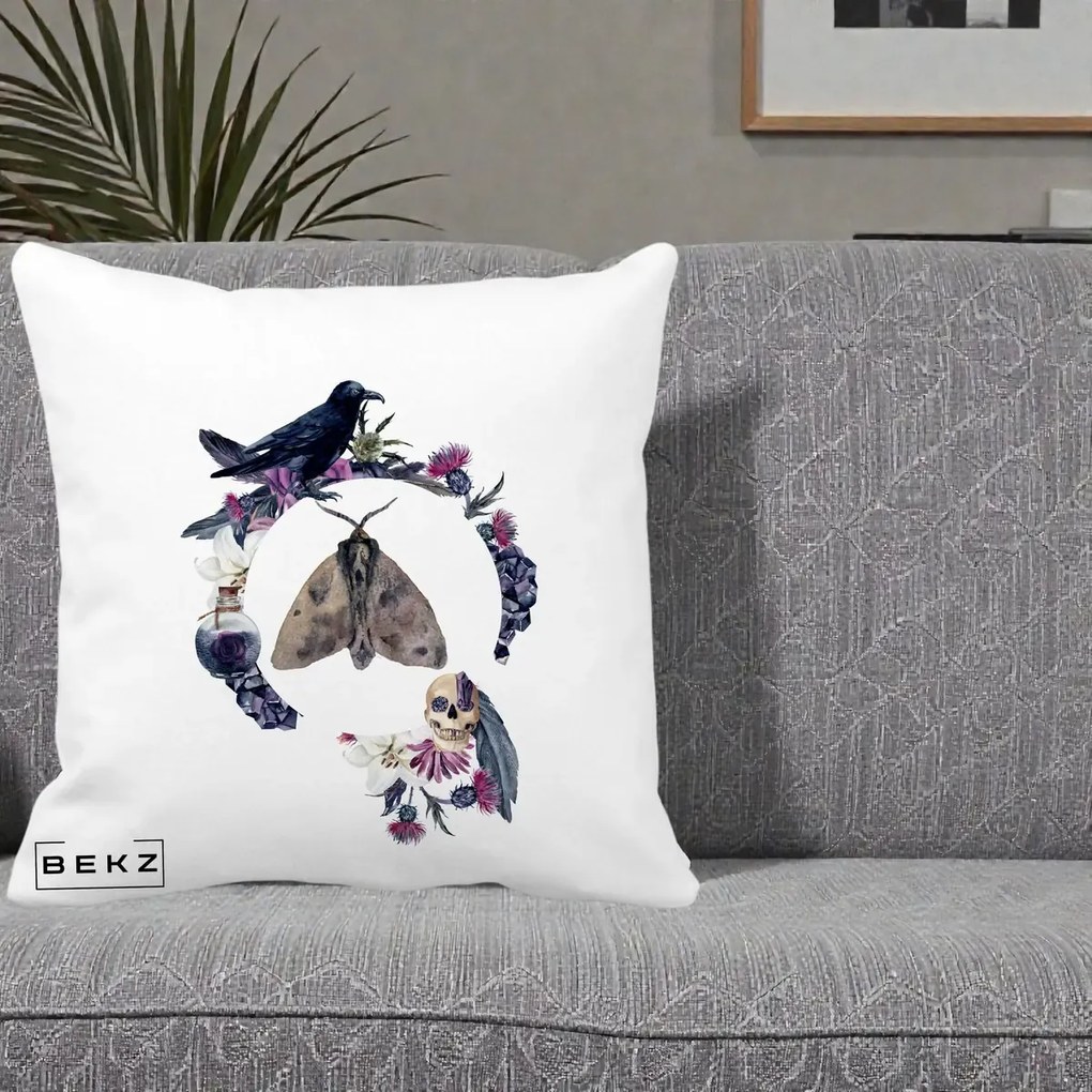 Perna Decorativa Gothic Wreath Corb Moliu Craniu, 40x40 cm, Alba Mata, Husa Detasabila, Perna Inclusa, BEKZ®