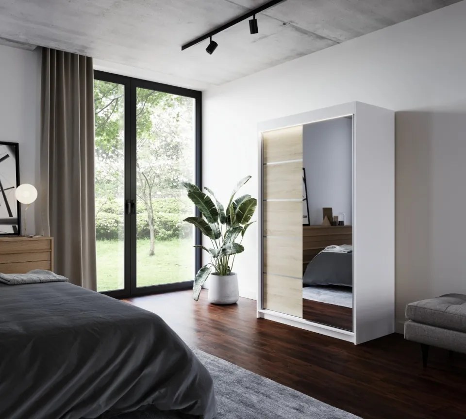 Dulap cu usi glisante si oglinda + iluminare LED, Nicea 120 + LED, 120 cmx200 cmx58 cm, ADRK Furniture (Culoare: Alb / Sonoma)