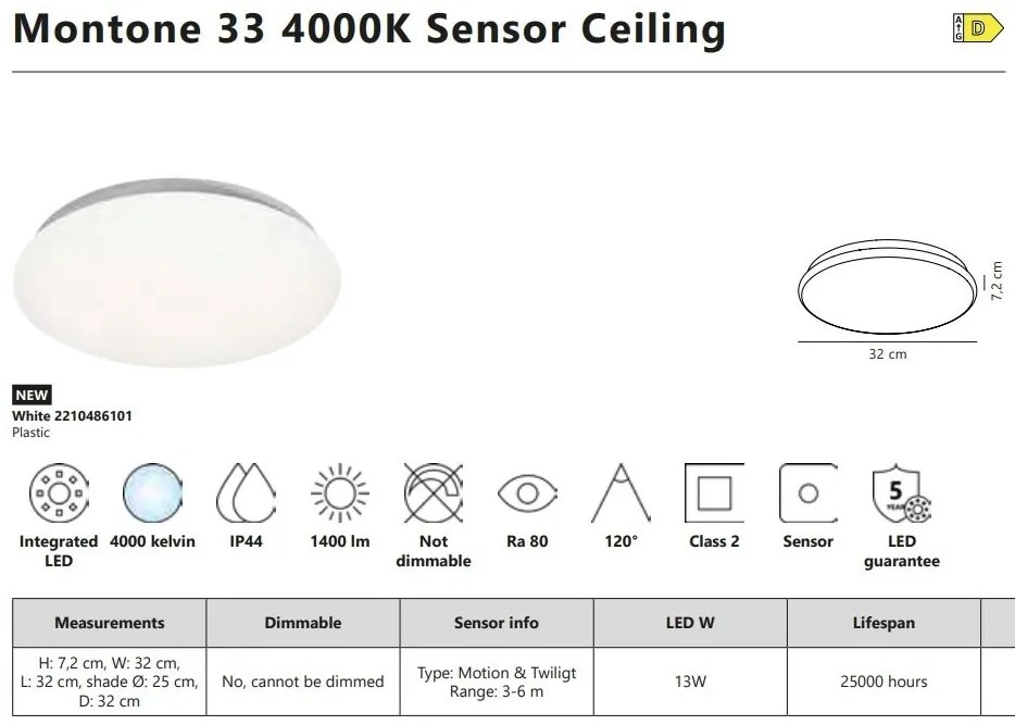 Plafoniera LED baie IP44 cu senzor de miscare Montone 33 4000K