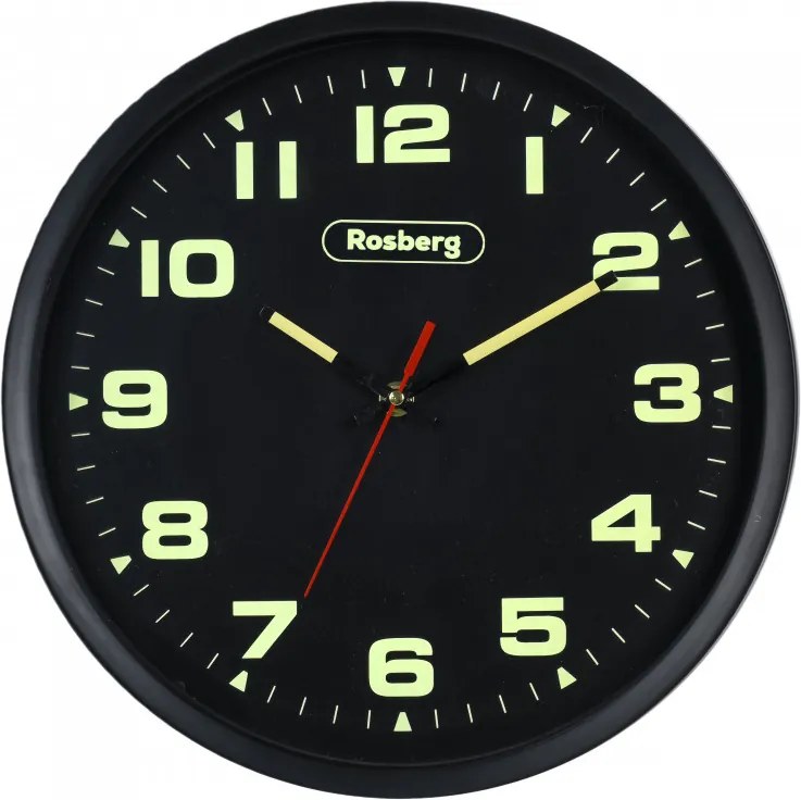 Ceas de perete Rosberg R59998E, 32 cm, Cifre si ace fosforescente, Mecanism silentios, Rotund, Negru