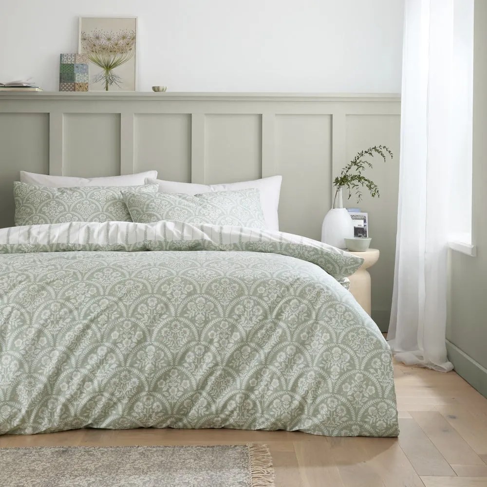 Lenjerie de pat albă-verde din bumbac percal pentru pat de o persoană 135x200 cm Scallop Floral – Bianca