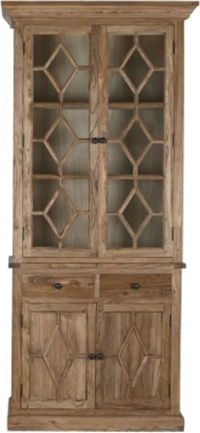 Bufet vitrină din lemn de ulm reciclat, natur, cu 2 uși vitrate, 2 uși închise, 2 sertare și 3 rafturi, finisaj natural, 220 x 100 x 45 cm, „Elmwood”