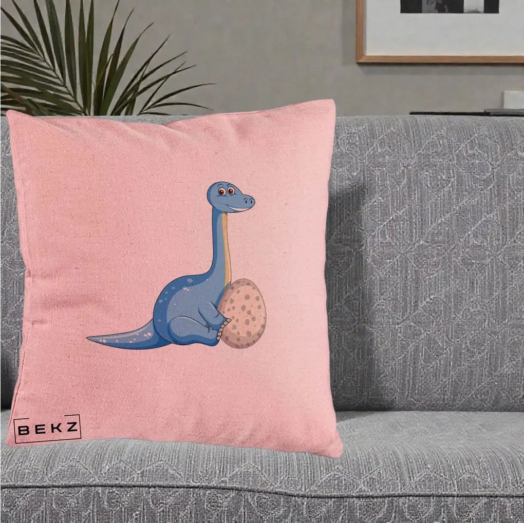 Perna Decorativa Brontosaur cu Ou, 40x40 cm, Roz, Husa Detasabila, Perna Inclusa, BEKZ®