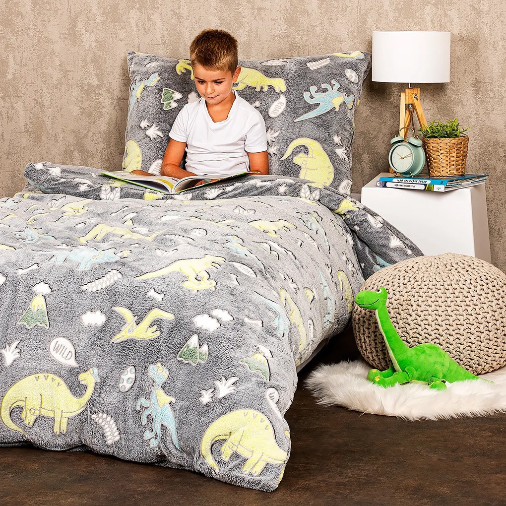 Lenjerie de pat luminoasă din microflanel 4Home Dino, 140 x 200 cm, 70 x 90 cm