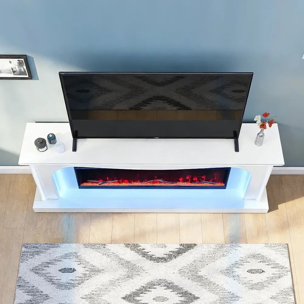 Șemineu Electric cu Flacără LED în 7 Culori, Comodă TV, Încălzire, Bluetooth, Difuzoare Integrate, Iluminare LED Ambientală, Telecomandă, MDF, Finisaj Alb Oglindă