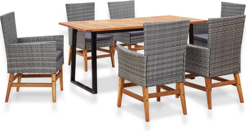 vidaXL Set mobilier de exterior, 7 piese, gri, poliratan, lemn acacia