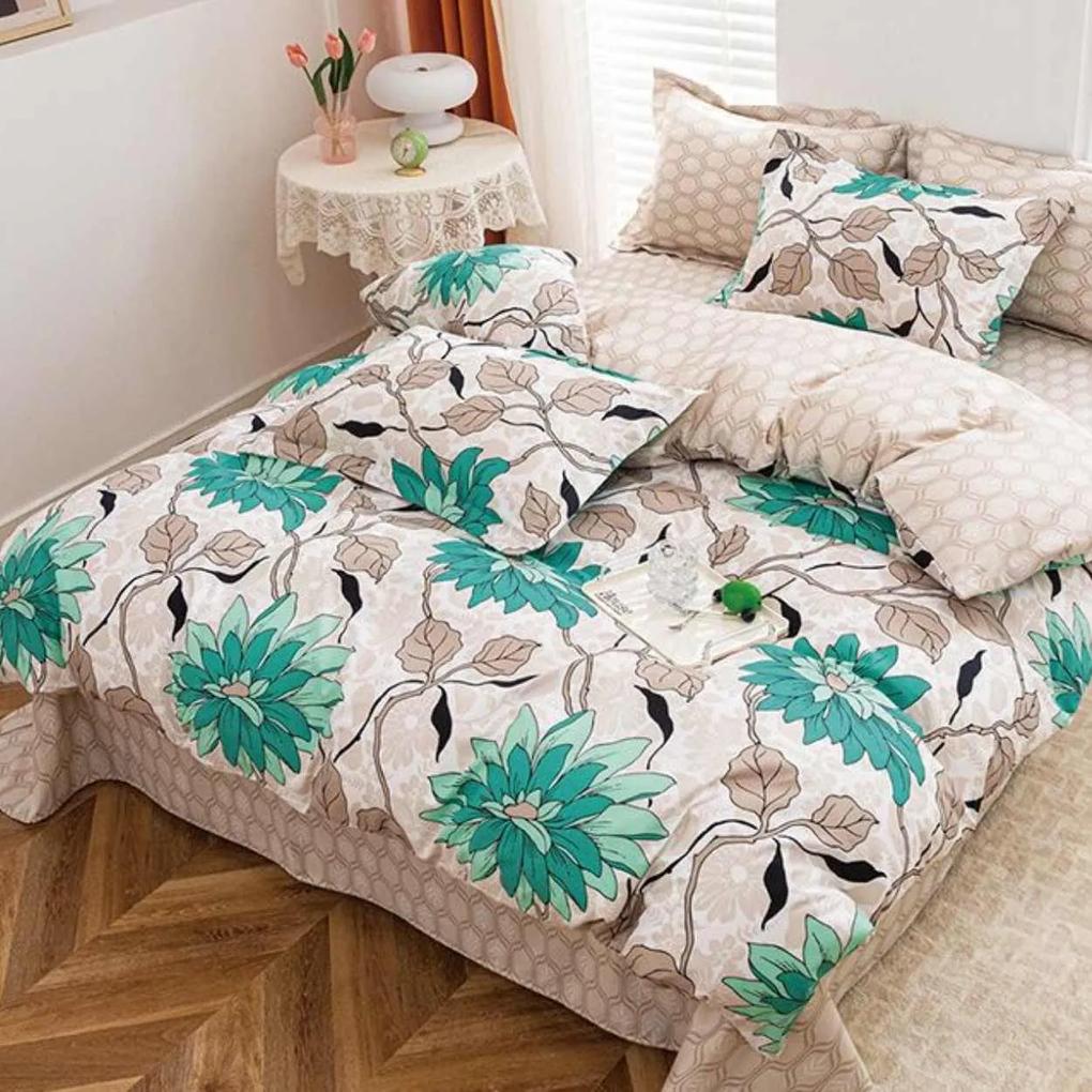 Lenjerie de pat cu elastic, policoton, pat 2 persoane, turquoise / bej, 4 piese, E-70