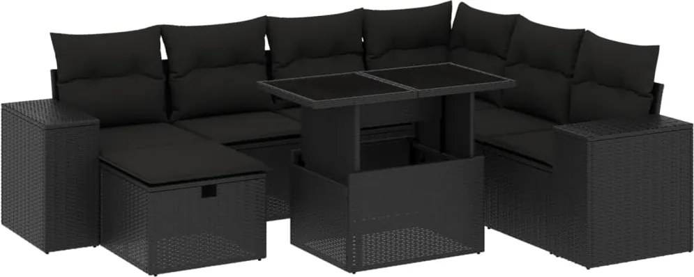 vidaXL Set mobilier de grădină cu perne, 8 piese, negru, poliratan