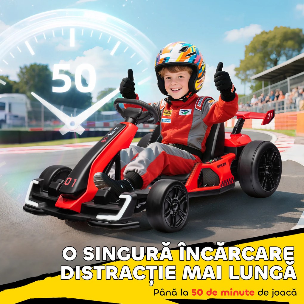 HOMCOM Go-Kart Electric pentru Copii cu Scaun Reglabil, 2 Motoare, Claxon, Lumini și Muzică, 120x76x53.5 cm, Roșu | Aosom Romania