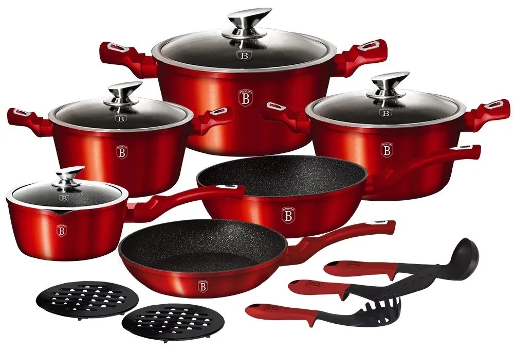 RESIGILAT - Set oale si tigai marmorate, antiaderente, cu capace si ustensile, Burgundy Metalic Line Berlinger Haus BH 1226N