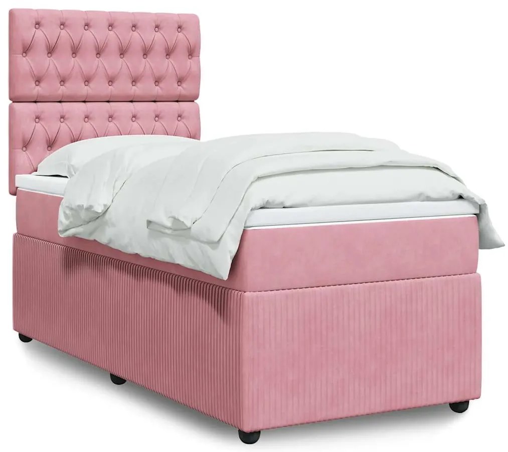 vidaXL Pat box spring cu saltea, roz, 100x200 cm, catifea