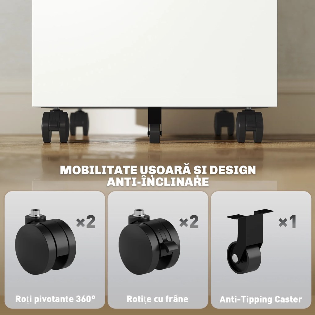 Vinsetto Dulap cu Sertare pentru Birou cu 5 Roți, 3 Sertare cu Încuietoare și Chei, 30x43.5x60 cm, Alb | Aosom Romania