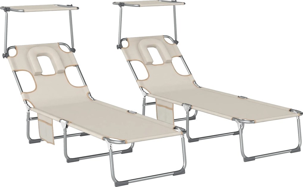 Outsunny Set de 2 șezlonguri pliante reclinabile cu copertină 360° orificiu facial buzunar lateral și Textilene 550 g/m² bej | Aosom Romania