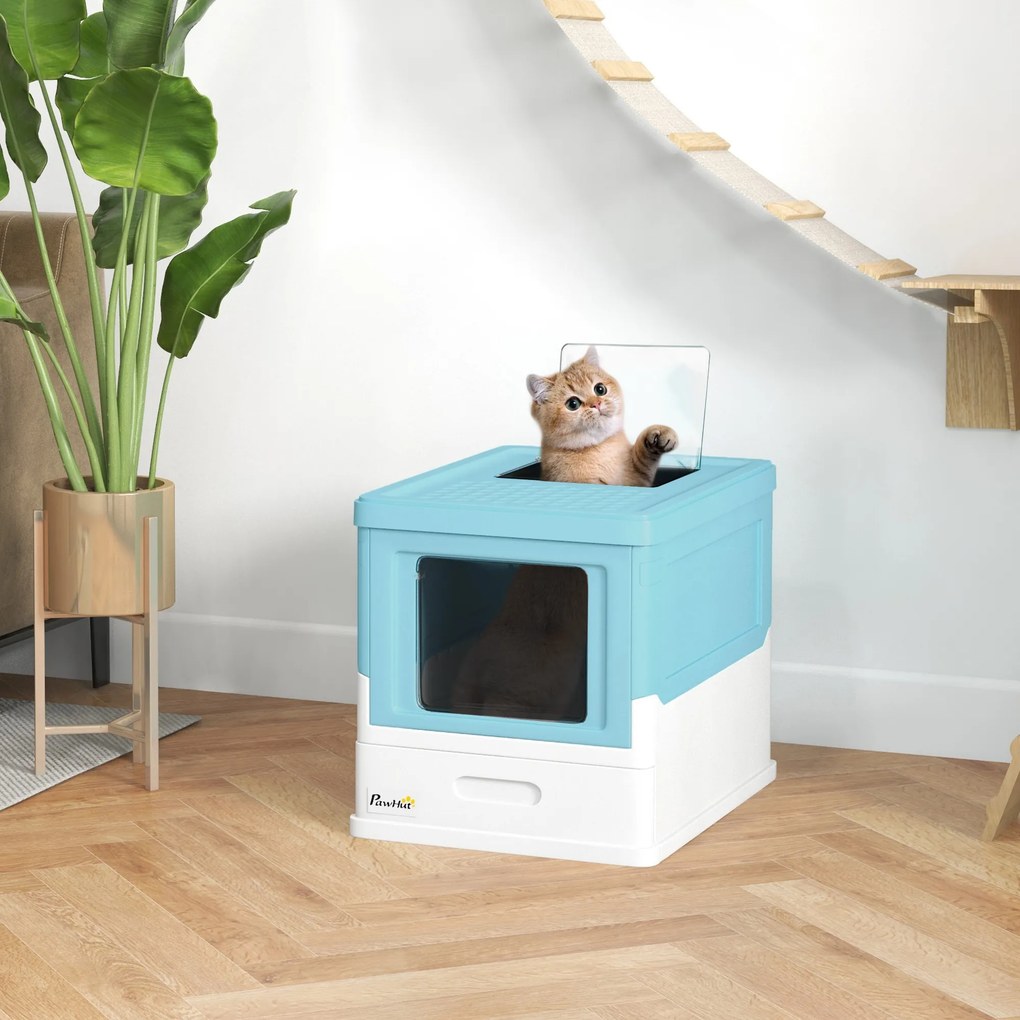 PawHut Litieră pentru Pisici Închisă cu Lopățică, Tavă Detașabilă și 2 Uși, 47.5x35.5x36.7cm, Albastru | Aosom Romania