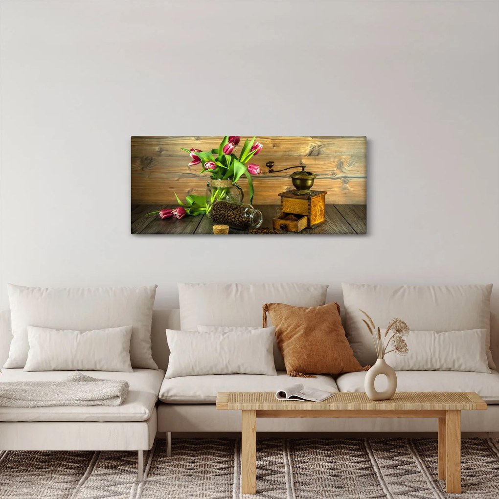 Tablou - lalele, râșniță și cafea (120x50 cm)