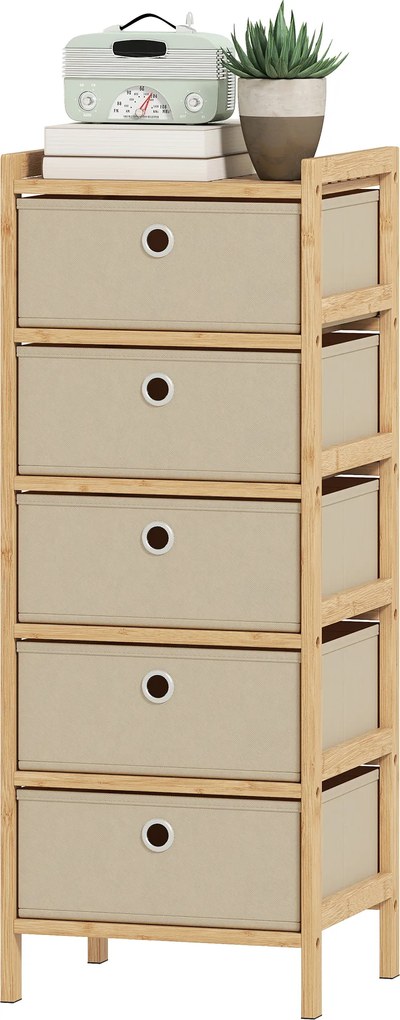 HOMCOM Comodă cu 5 sertare din material textil Cadru din bambus Comodă pentru spații mici Crem și natural | Aosom Romania