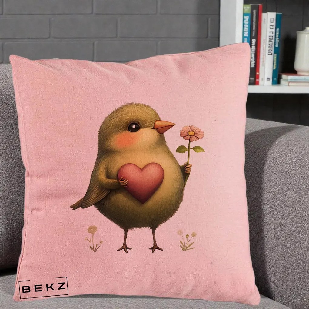 Perna Decorativa Pasare Verde cu Inima si Floare, 40x40 cm, Roz, Husa Detasabila, Perna Inclusa, BEKZ®