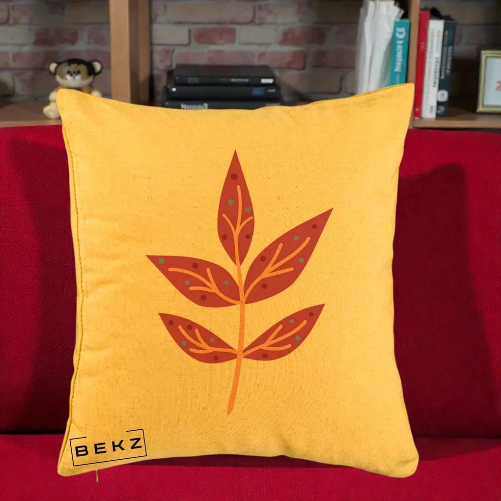 Perna Decorativa Ramura Botanica Mov, 40x40 cm, Galben, Husa Detasabila, Perna Inclusa, BEKZ®