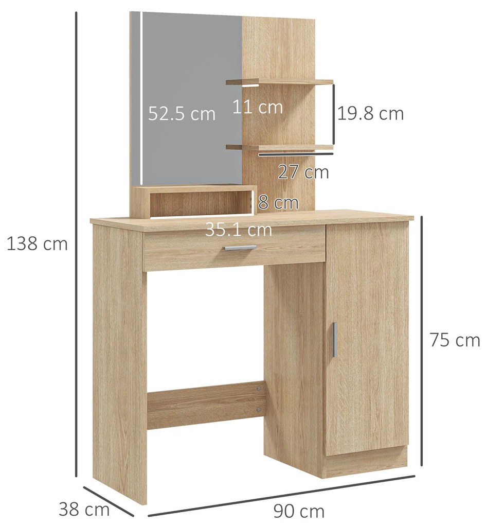 HOMCOM Masa de Toaleta, Masa de Machiaj, Birou de Machiaj cu Oglinda, Sertar si Rafturi de Depozitare pentru Dormitor, Efect Lemn de Artar | Aosom RO