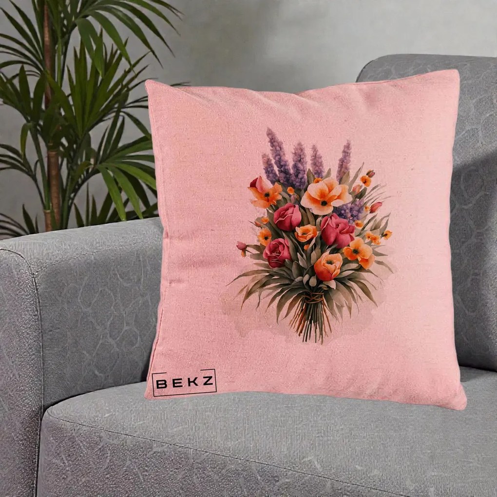 Perna Decorativa Buchet Mixt Acuarela Lavanda-Trandafiri, 40x40 cm, Roz, Husa Detasabila, Perna Inclusa, BEKZ®