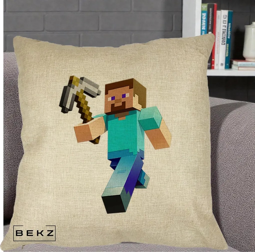 Perna Personalizata Minecraft Steve cu Tarnacop, 40x40 cm, Crem, Husa Detasabila, Perna Inclusa, BEKZ®