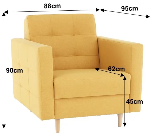 Set complet tapitat de canapea cu fotoliu, tesatura de culoare mustar, AMEDIA