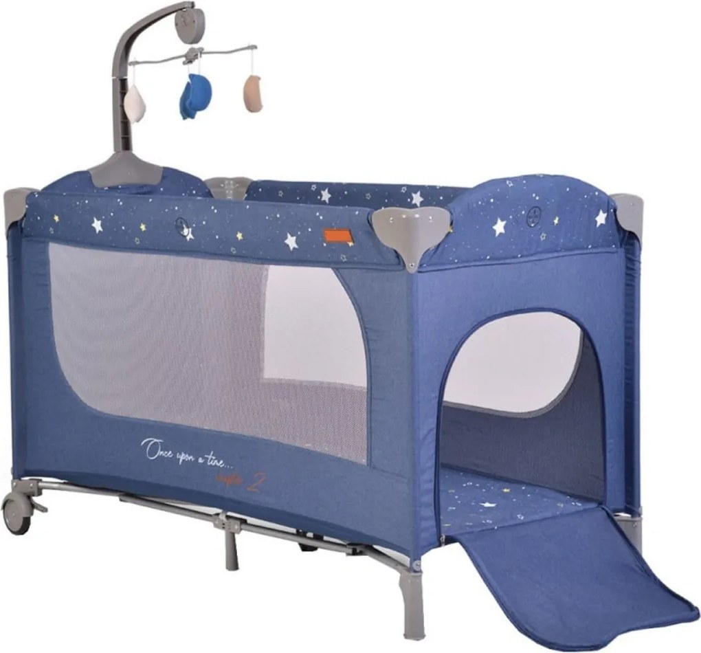 Patut pliant transformabil in tarc copii NOVOKIDS™ Onceuponatime NEST, 62X125 cm, 2 Niveluri, Jucarie Carusel muzical, Fermoar acces lateral, Albastru