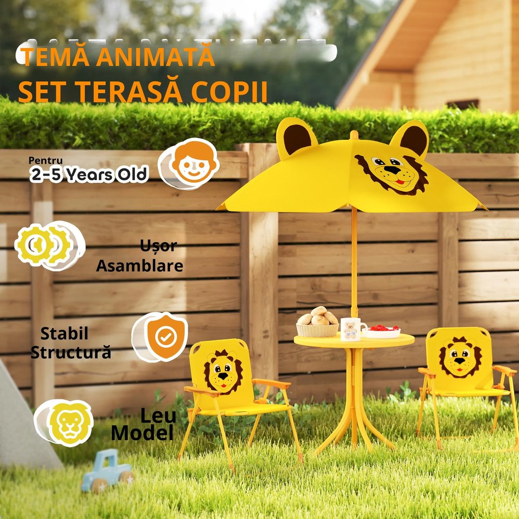 AIYAPLAY Mobilier de grădină pentru copii cu umbrelă de soare reglabilă, Set de picnic pentru copii cu 4 piese, Masă cu 2 scaune pliante, masă, Set de terasă cu model de leu pentru vârstele 2-5 ani, Galben | Aosom Romania