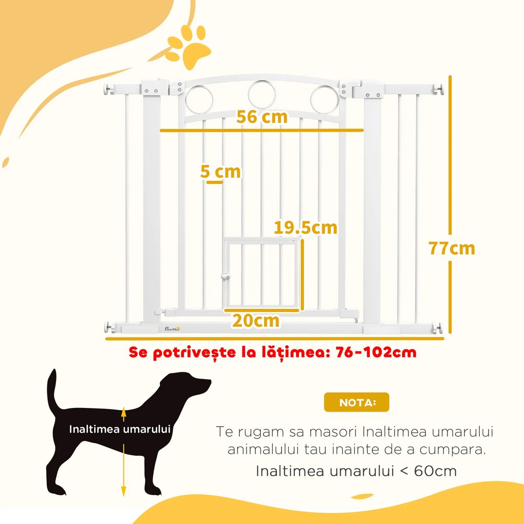 PawHut Barieră de Siguranță Interioară pentru Câini cu 2 Extensii și Ușă pentru Pisici, 76-104x77 cm, Alb | Aosom Romania