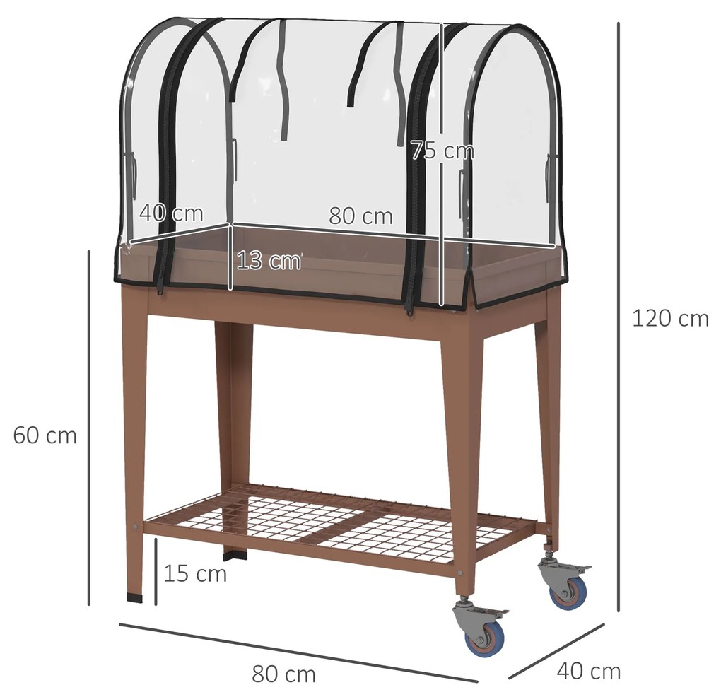 Outsunny Strat de Gradină Înălțat cu Acoperiș de Sera, Jardiniera Mobilă cu Roți și Raft Inferior pentru Legume, Flori, Ierburi | Aosom Romania