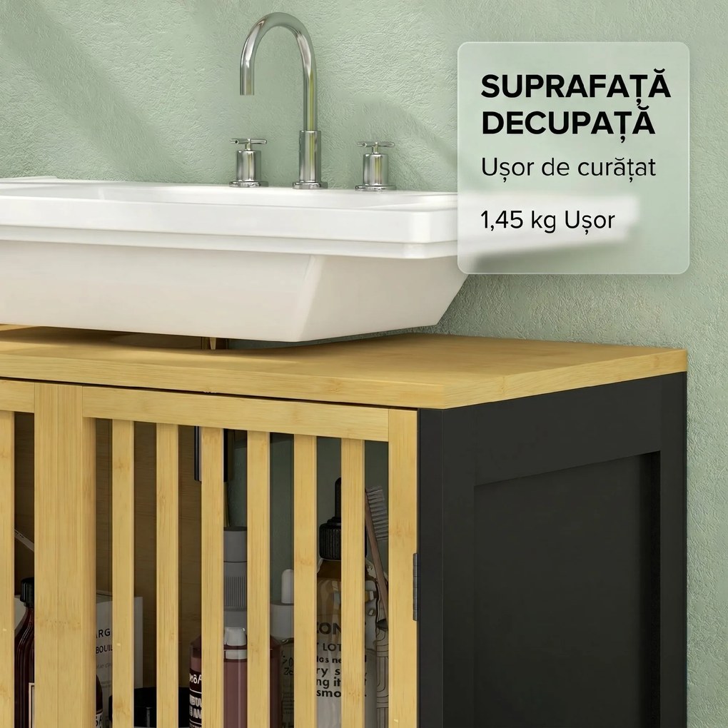 HOMCOM Dulap de Baie Sub Chiuvetă, Dulap de Depozitare, Chiuvetă Bambus, Unitate de Baie cu 2 Uși cu Lamele,  60x30x70 cm, Natural | Aosom Romania