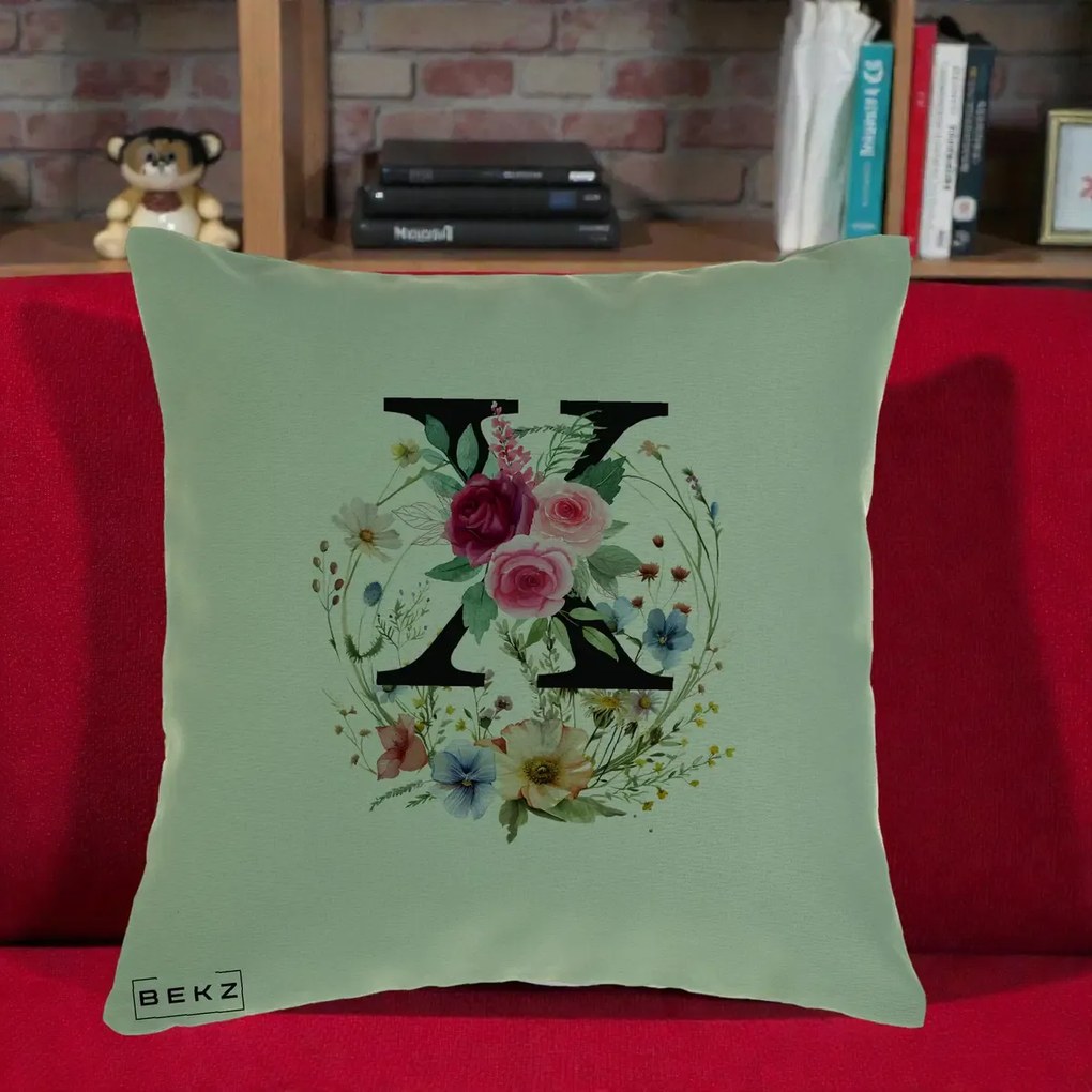 Cadou Personalizat - Perna Personalizata Monograma Florala Litera X cu Coroana, 40x40 cm, Verde, Husa Detasabila, Perna Inclusa, BEKZ®