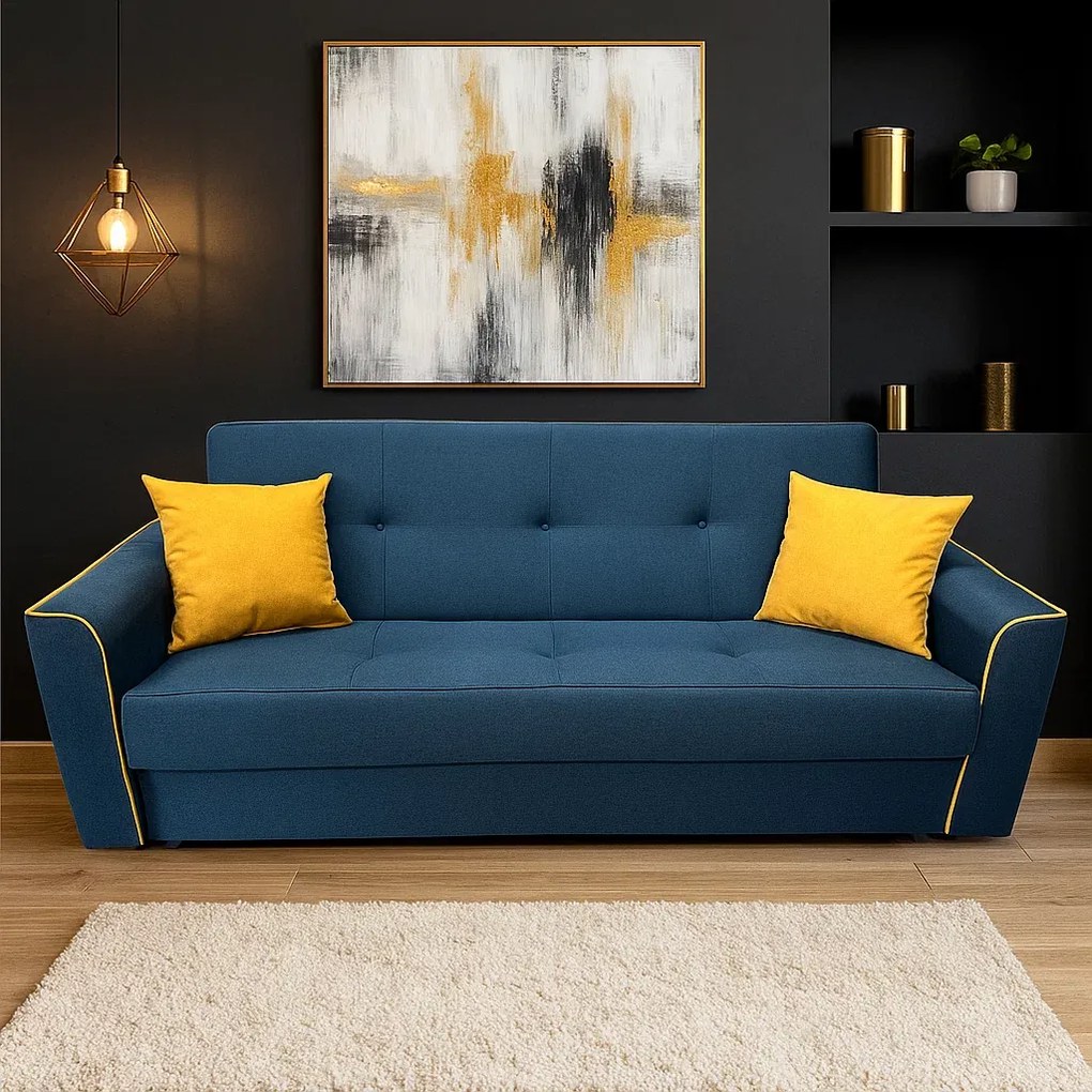 Canapea VERA extensibila, 3 locuri, lada de depozitare, stofa bleumarin + galben, 225x90x90 Bleumarin + Galben, Stofa