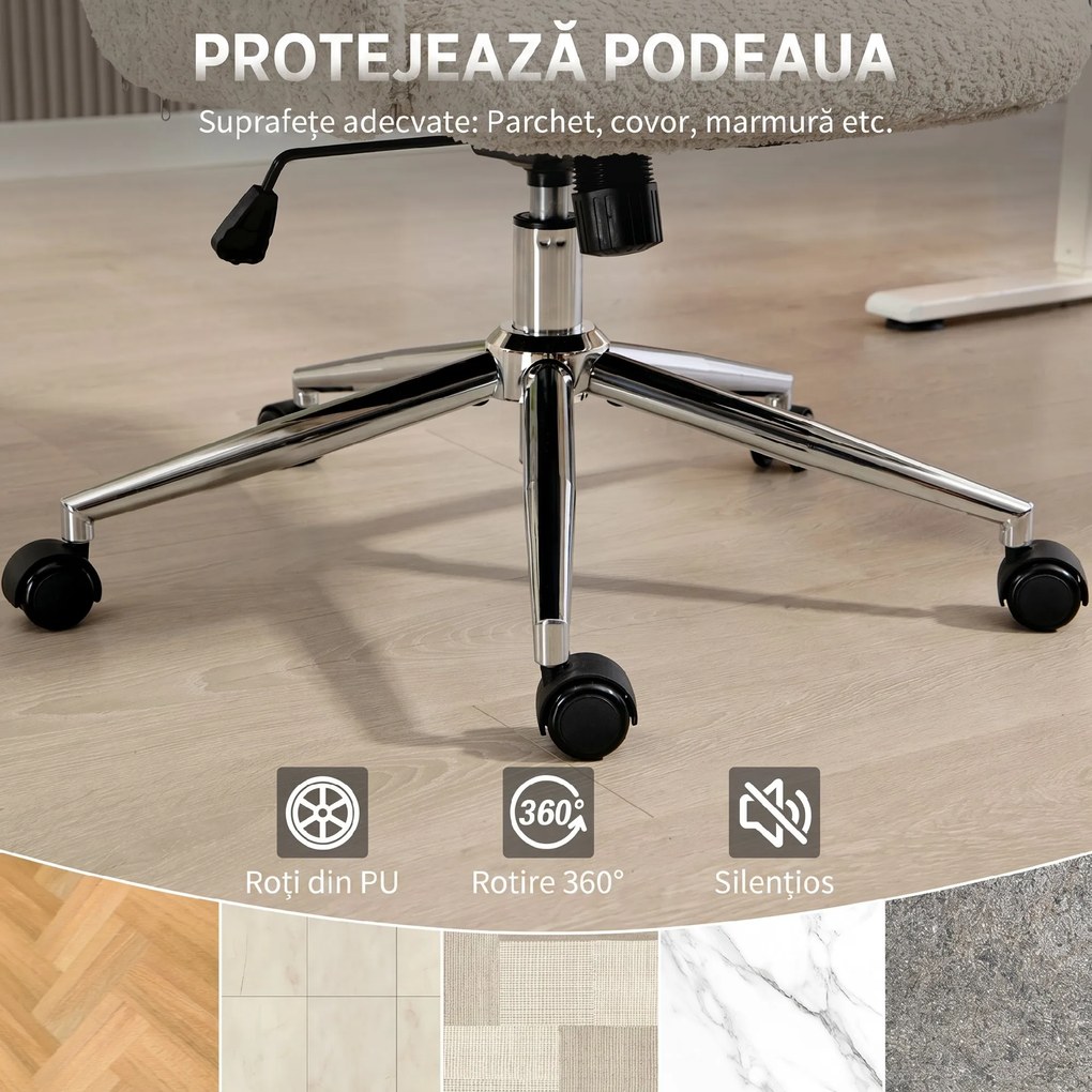 HOMCOM Scaun de Birou Rotativ din Bouclé cu Tetieră. Înălțime Reglabilă, Funcție Balansare, Gri Deschis-Alb | Aosom Romania