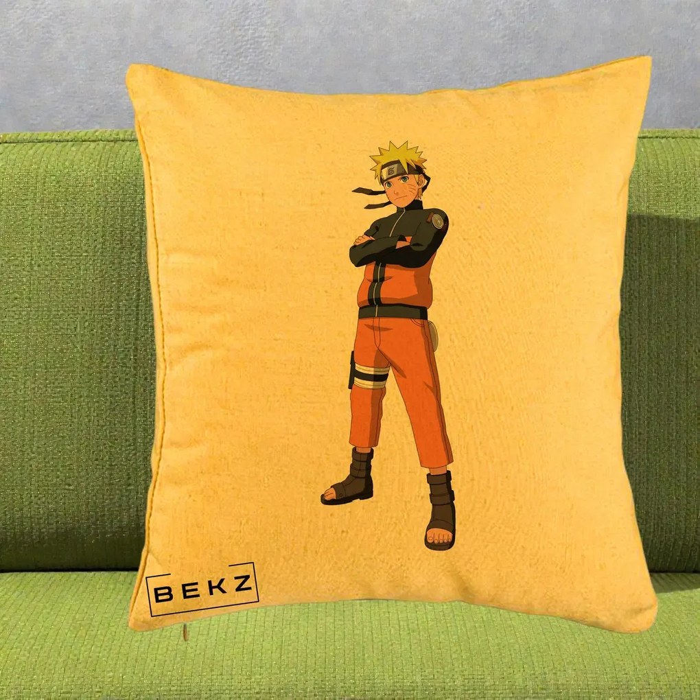 Perna Personalizata Naruto Uzumaki Portret Complet, 40x40 cm, Galben, Husa Detasabila, Perna Inclusa, BEKZ®