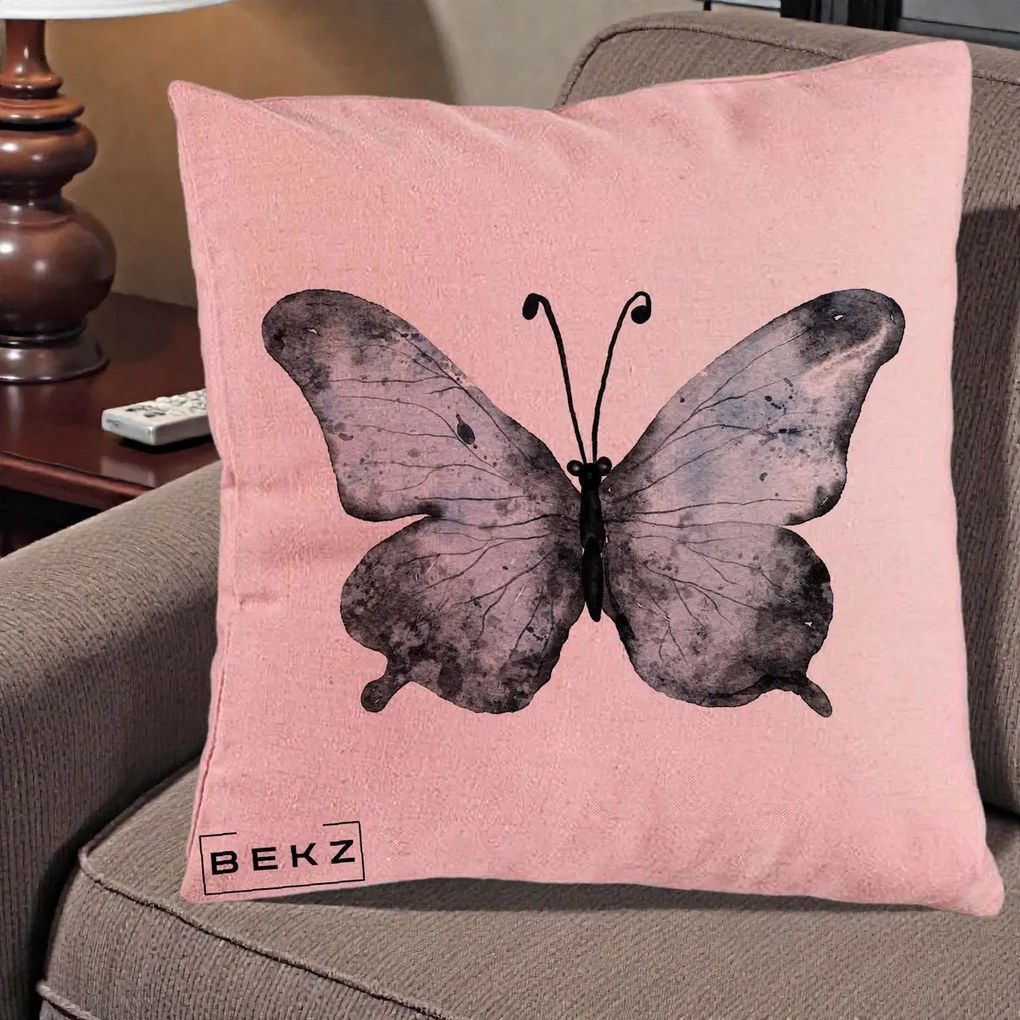 Perna Decorativa Fluture Acuarela Albastru-Gri, 40x40 cm, Roz, Husa Detasabila, Perna Inclusa, BEKZ®