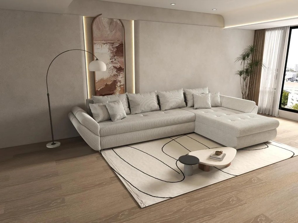 Colțar extensibil dumonde cu ladă de depozitare si sezut confortabil din spuma high-density, Loana XL Zoom Cream II 335x185 cm