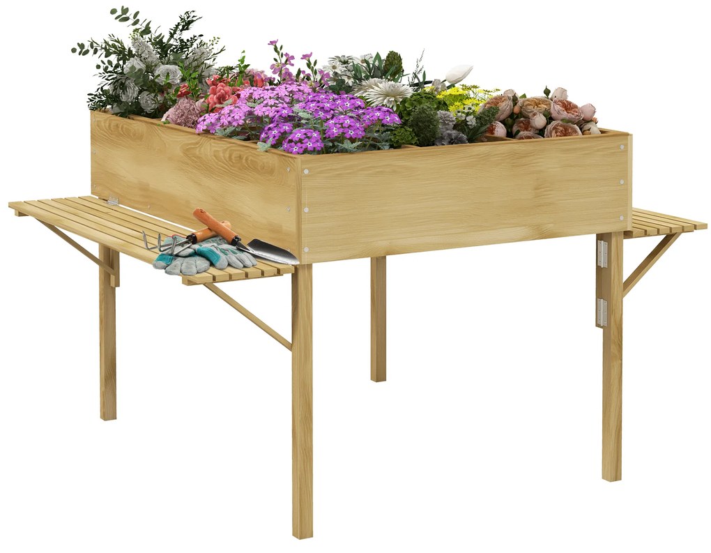 Outsunny Strat de Grădină Înălțat cu 12 Grile, Jardinieră Înălțată din Lemn cu Rafturi Laterale Pliabile, 122x91,5x89 cm, Lemn Natural | Aosom Romania