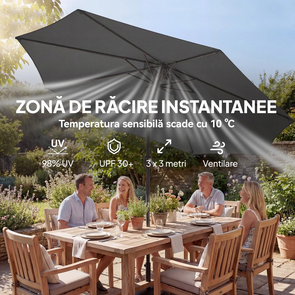 Outsunny Umbrelă 3x3 m cu Bază, Sac de Nisip, Manivelă, Gri Închis | Aosom Romania